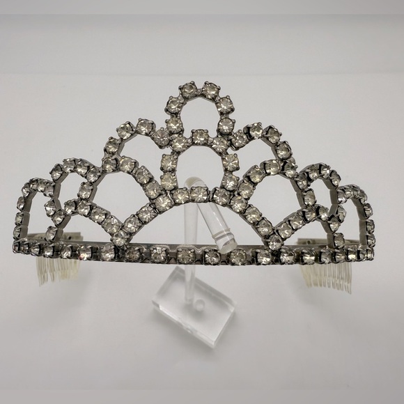 Vintage Accessories - Vintage Rhinestone Silver Tiara Crown Scalloped Sparkle Costume Accessory
